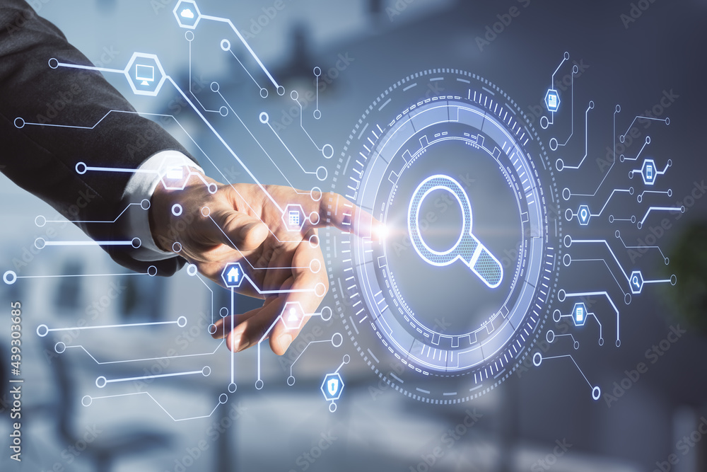 Poster search and find concept with businessman hand on digital touch screen with loupe icon in a microcirc