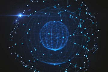Glowing blue globe on dark background, Global communication and business concept. 3D Rendering.