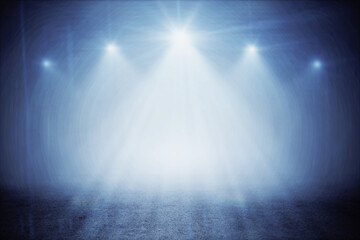 Abstract dark space for presentation illuminated from spotlights on top. 3D rendering, mock up