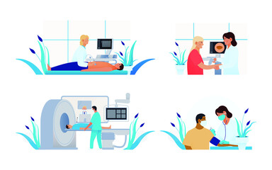 Set of Modern Flat Medical Insurance Illustrations. Ultrasonography Procedure, Blood Pressure Test, Coronary Angiography Procedure, Dermatoscopy in Medical Office.