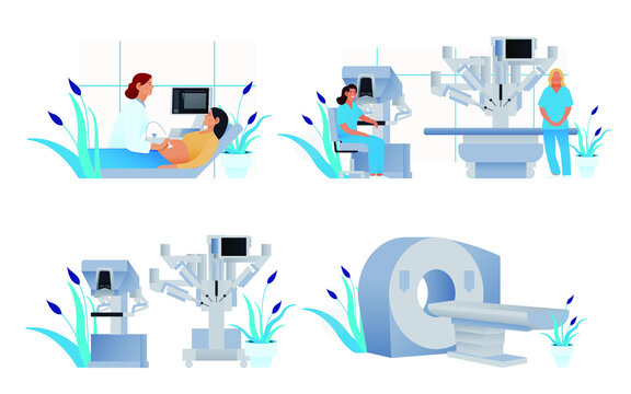 Set of Modern Flat Medical Insurance Illustrations. Medical Equipment, Robotic Surgical Assisted System, Ultrasonography Procedure in Medical Office, MRI Procedure.