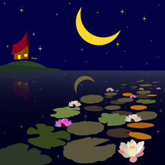 Vector illustration with traditional malay village house or Kampung near the pond during nightime - 439303829