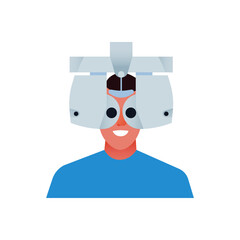 Ophthalmology. Eye Test and Prescription Glasses. Male Has Eye Test Use Optometry Machine in Medical Office. Modern Flat Vector Illustration. Social Media Template.