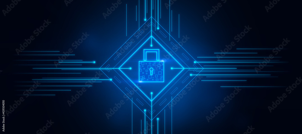 Poster Glowing lock interface on blue background. Digital security and protection concept. 3D Rendering.
