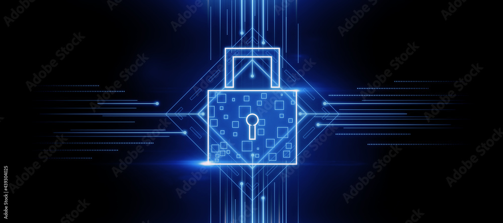 Poster Abstract lock interface on blue background. Digital security and protection concept. 3D Rendering.