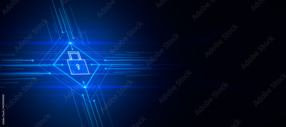 Poster Illuminated lock interface on blue background with mock up place. Digital security and protection concept. 3D Rendering.