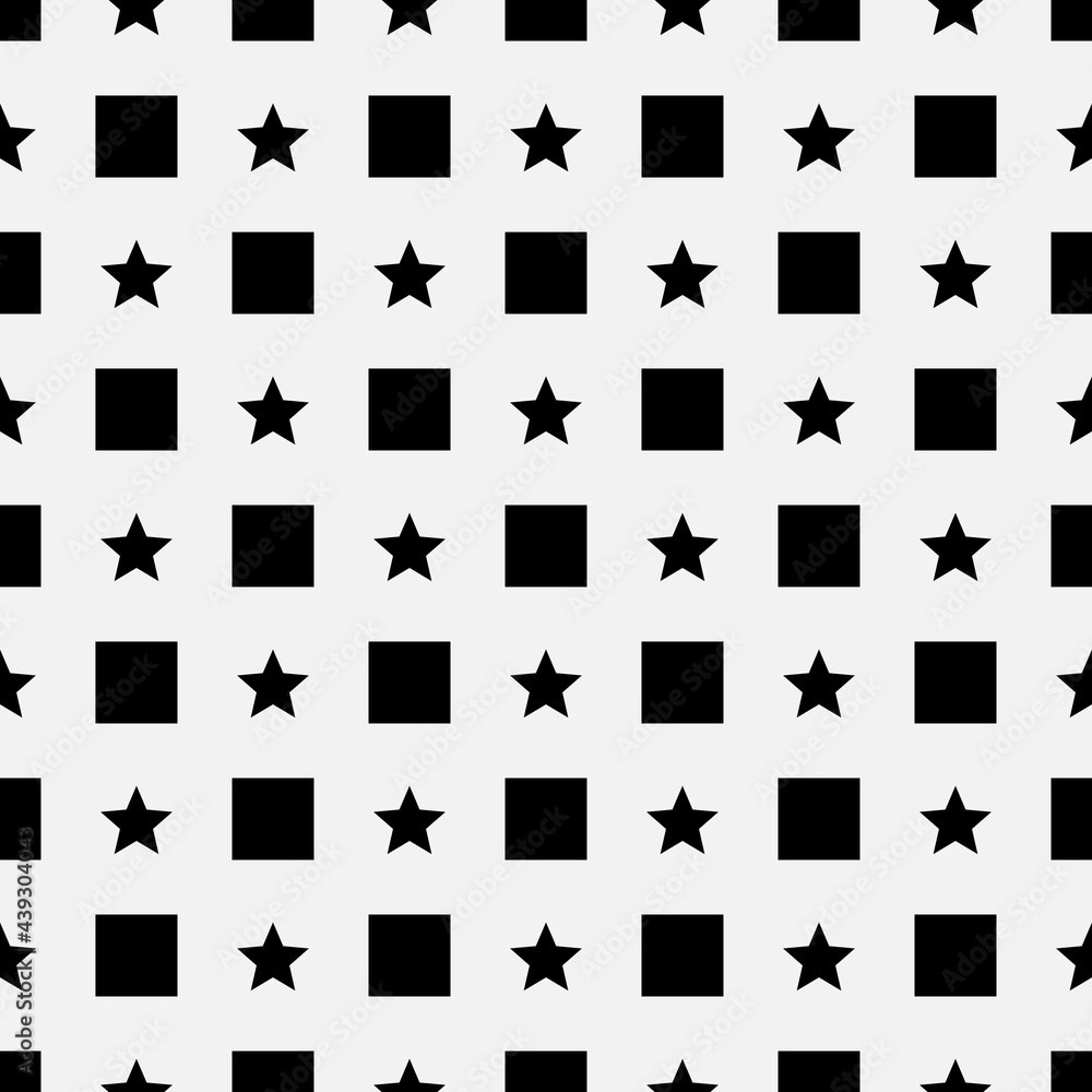 Poster squares and stars pattern. vector seamless black shapes of stars and squares on white background.