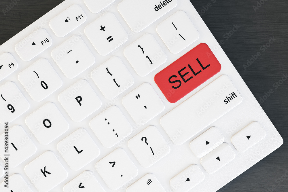 Poster Top view and close up of white computer keyboard with red sell button on desktop. Online advertisement concept. 3D Rendering.