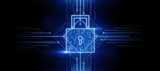 Abstract lock interface on blue background. Digital security and protection concept. 3D Rendering.