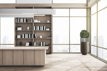 Spacious panoramic wooden living room interior with city view, sunlight, counters and bookshelf. 3D Rendering.