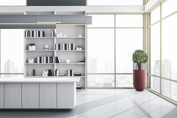Light panoramic concrete living room interior with city view, sunlight, counters and bookshelf. 3D Rendering.