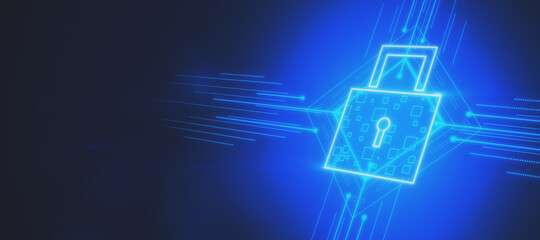 Glowing lock interface on blue background with mock up place. Digital security and protection concept. 3D Rendering.