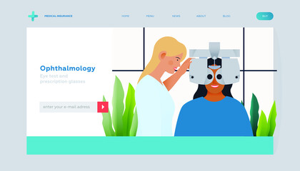 Ophthalmology. Eye Test and Prescription Glasses. Medical Specialist Hold Optometry Machine while Patient Has Eye Test. Modern Flat Vector Illustration. Landing Page Template. Website Banner.