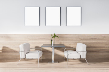 Modern concrete and wooden art deco cafe interior with furniture, daylight and empty mockup frames on wall. 3D Rendering.