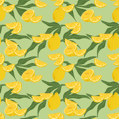 Vector background of citrus fruits. Lemon pattern with leaves. Cute citrus textiles made from a citrus pattern. Vector illustration