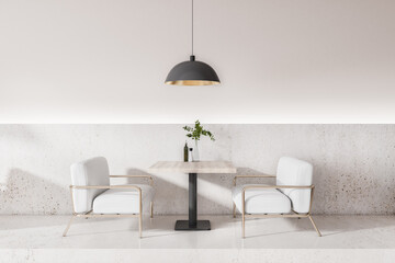 Modern concrete art deco cafe interior with furniture and daylight. 3D Rendering.