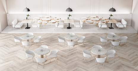 Top view of modern concrete art deco cafe interior with furniture, wooden floor and daylight. 3D Rendering.