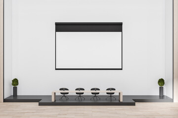 Modern concrete auditorium interior with empty banner, seatings and daylight. Workshop concept. Mock up, 3D Rendering.