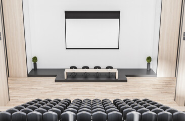 Modern wooden auditorium interior with empty banner, seatings and daylight. Workshop concept. Mock...