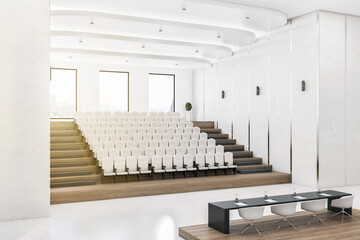 Modern concrete auditorium interior with seatings, city view and daylight. Training concept. 3D...