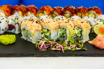 Japanese food. sushi. seafood fabrics. Japanese culture. White background.  plate of Japanese traditional cuisine, sushi. wonderful and delicious food. asian food and cuisine 