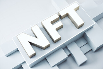 NFT non fungible tokens crypto art concept with white big symbols on abstract industrial backdrop. 3D rendering.