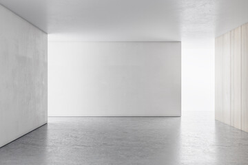 Bright concrete interior with sunlight and empty wall mockup place. Exhibition, art and...