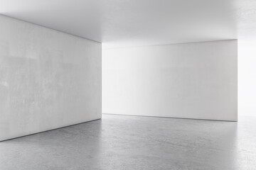 Sunny concrete interior with sunlight and empty wall mockup place. Exhibition, art and...