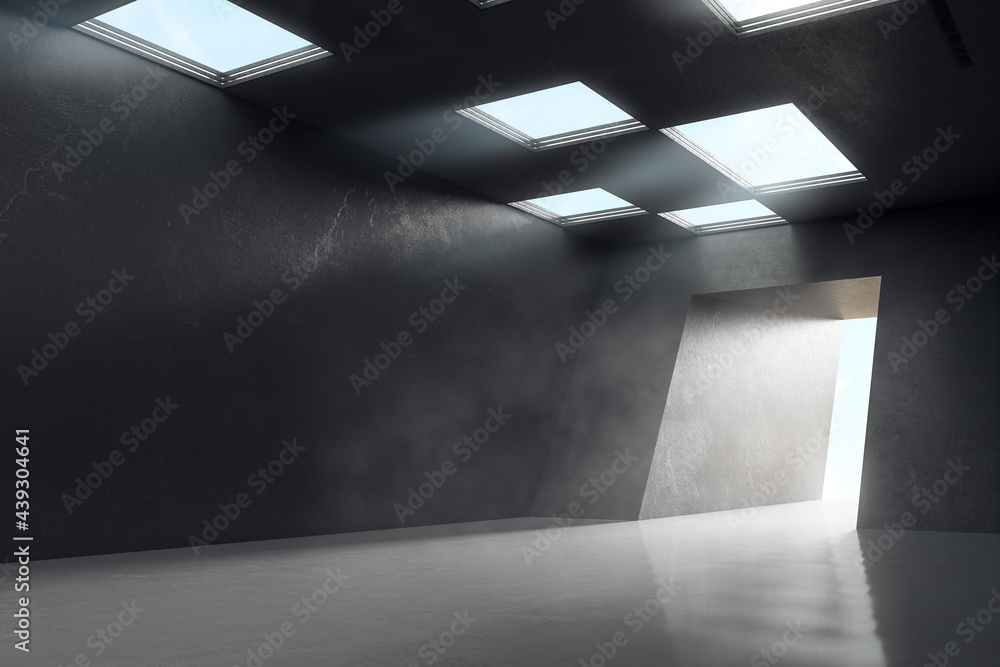 Poster abstract industrial design tunnel in dark shades concrete building with squared windows on top and b