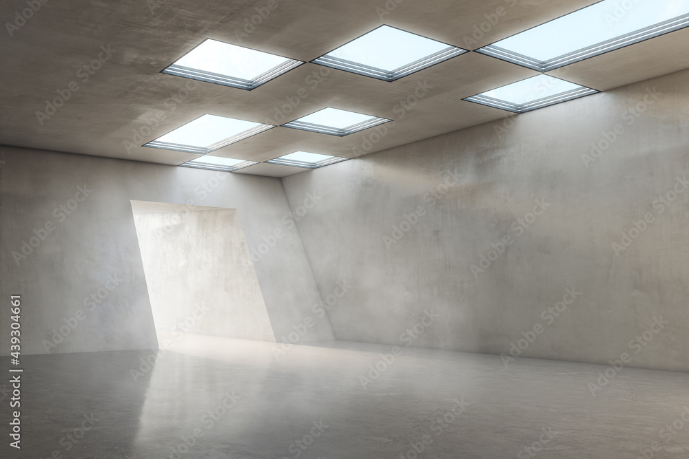 Poster Stylish empty concrete hall area with glossy floor and lights from windows on top and tunnel entrance for car presentation and defile. 3D rendering, mock up