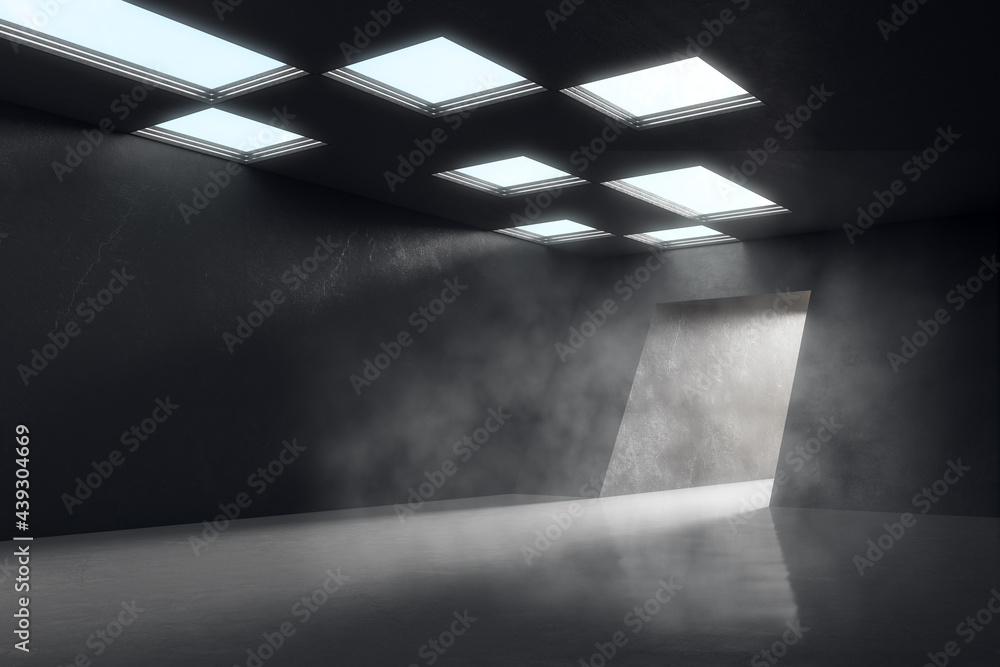 Poster Illuminated tunnel entrance in spacious dark hall with lights on top and wall with copyspace for presentation. 3D rendering, mockup