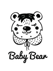 Baby bear hand-drawn character, young bear head with a cute collar, neat forest kid, funny cartoon, cute animal child illustration