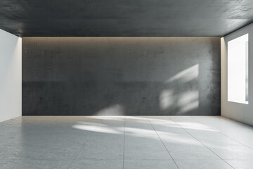 Sunny empty hall room with dark wall, window and light squared floor. 3D rendering, mock up