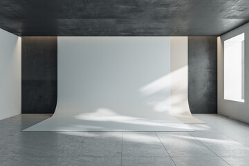 Sunny dark wall photo studio with vinyl wallpaper and ceramic tales floor. 3D rendering, mockup