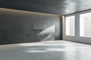 Abstract sunny empty stylish hall room with windows, dark wall and top and ceramic tales floor. 3D...