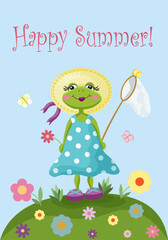 A cute frog girl wearing a dress and a hat, Happy summer card, a girly frog with a butterfly catcher on a green meadow, a beautiful summer day with a cute animal character, retro-looking pretty froggy