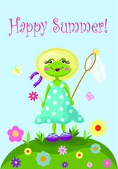 A cute frog girl wearing a dress and a hat, Happy summer card, a girly frog with a butterfly catcher on a green meadow, a beautiful summer day with a cute animal character, retro-looking pretty froggy