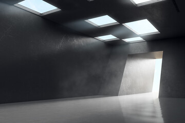 Abstract industrial design tunnel in dark shades concrete building with squared windows on top and blank wall. 3D rendering, mockup