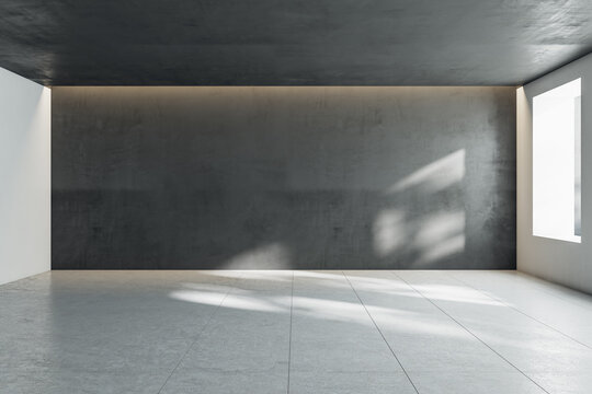 Sunny Empty Hall Room With Dark Wall, Window And Light Squared Floor. 3D Rendering, Mock Up