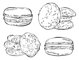 Hand Drawn Cookies and Macaroons, Detailed Black and White Vector Illustrations