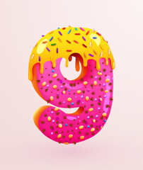 Glazed donut font. Number 9. Number nine cake. Dessert style. Collection of tasty bakery numbers with cream. Anniversary and birthday concept.