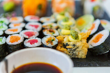 Japanese food. sushi. seafood fabrics. Japanese culture. White background.  plate of Japanese traditional cuisine, sushi. wonderful and delicious food. asian food and cuisine 