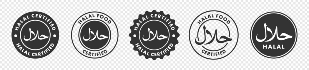 halal icon set, halal label, arabic product emblem, vector illustration