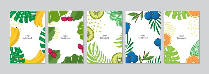 Fototapeta na wymiar Set of summer backgrounds with tropical leaves and fruits with place for text. Illustration in flat style.