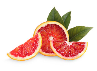 Delicious ripe red oranges on white background