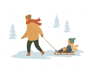 winter activity sledding isolated vector illustration scene grahic