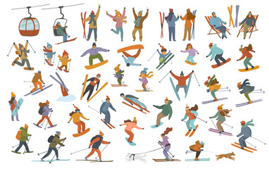 collection of winter people, men women children downhill skiing, snowboarding, cross-country skiers, skijoring, jumping, snowshoeing, having party at resort cartoon vector illustration scenes set
