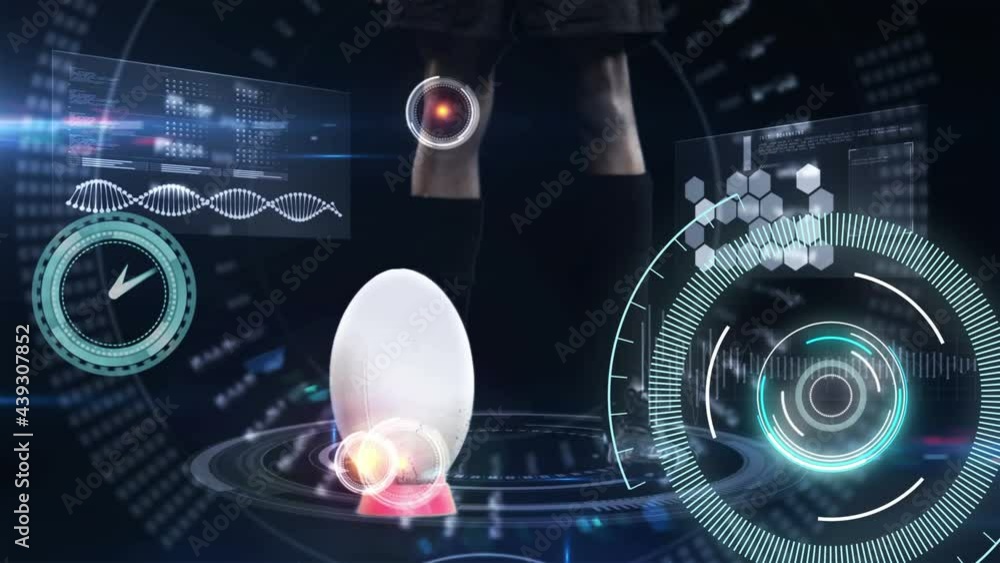 Poster animation of rugby player kicking ball with scope scanning and data processing