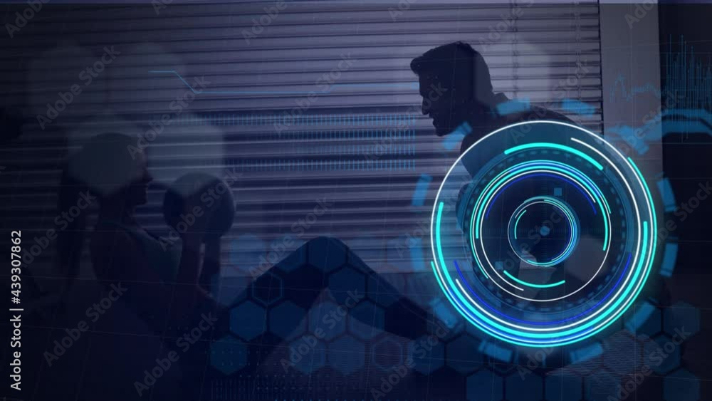 Poster animation of woman doing crunches with ball with scope scanning and data processing