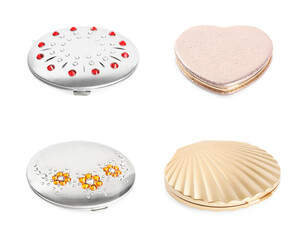 Set with stylish pocket mirrors on white background